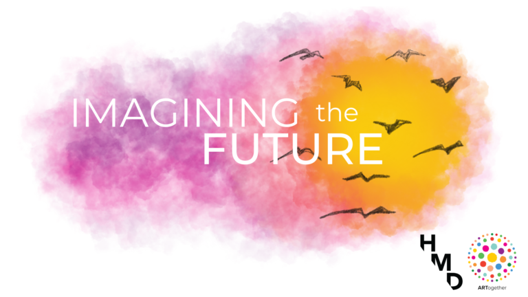 Text reads "Imagining the Future," with an image of crows flying over an image of the sun.
